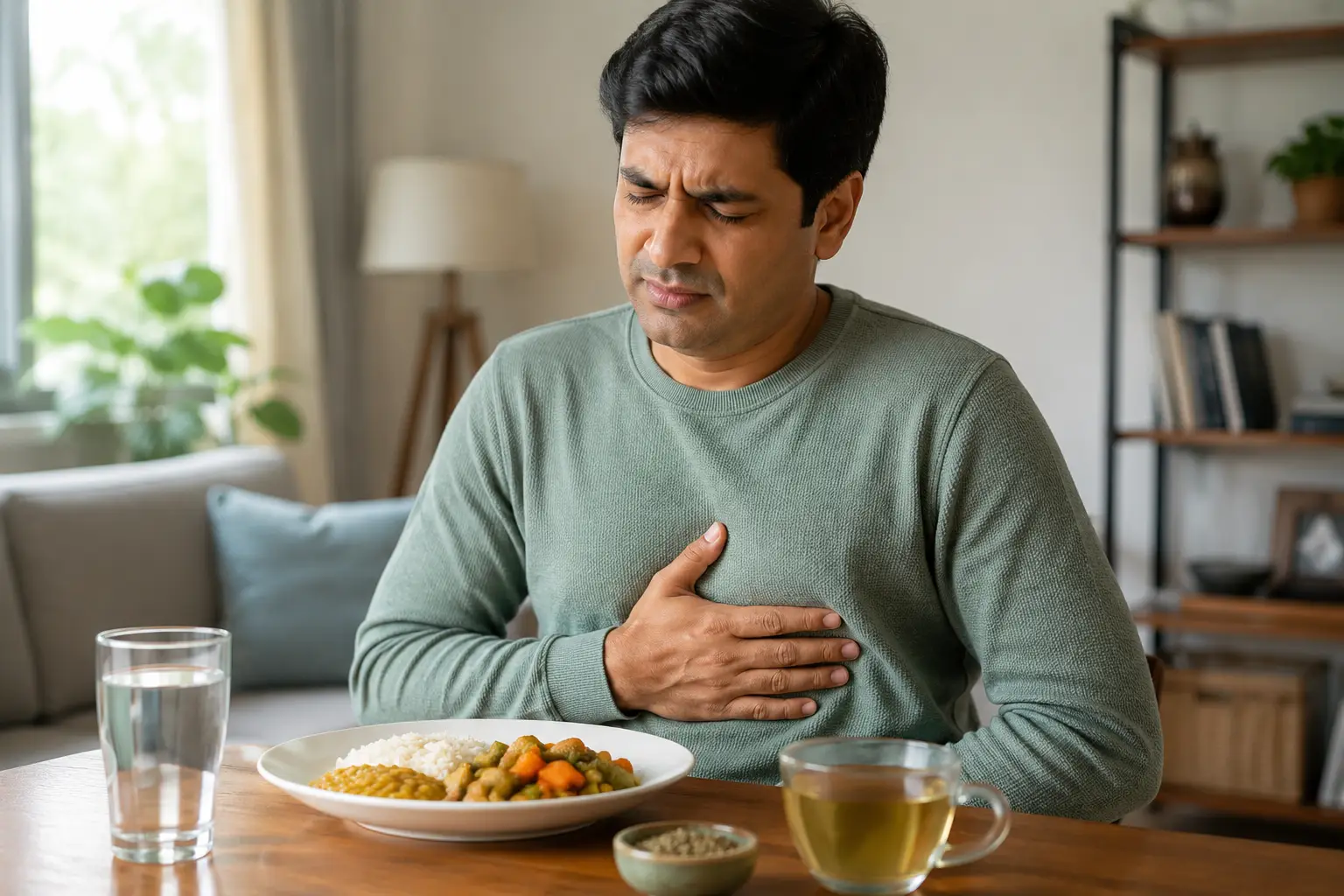 Person experiencing acidity and burning sensation with healthy food and Unani digestive support in a calm consultation setting.