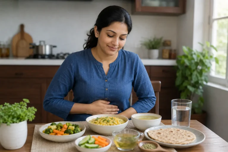 Light home-cooked food, water, and digestive herbs representing diet tips for acidity and digestion.