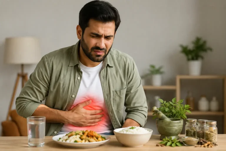 Person experiencing upper, burning dyspepsia stomach burning and indigestion after a meal with Unani digestive support and healthy food in a calm setting.