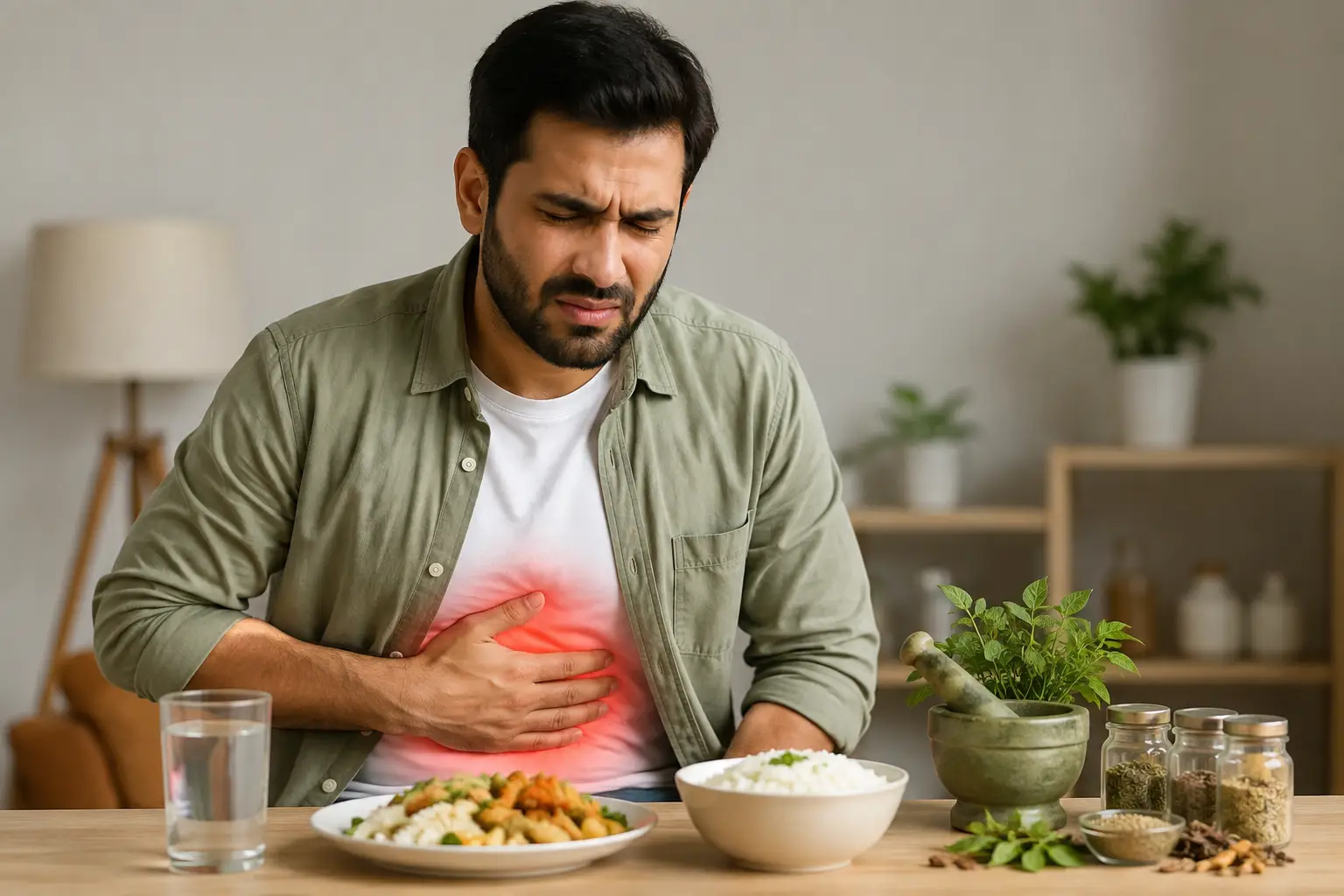 Person experiencing upper, burning dyspepsia stomach burning and indigestion after a meal with Unani digestive support and healthy food in a calm setting.