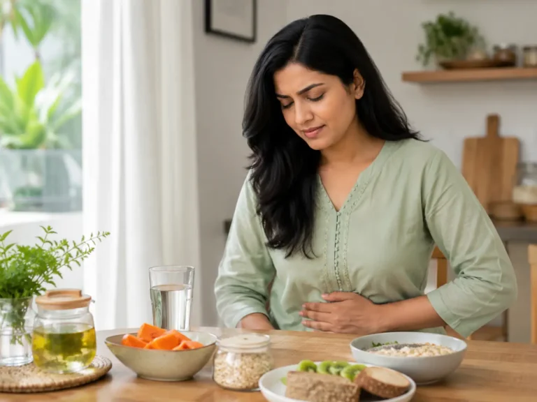 Person experiencing constipation and stomach heaviness with water, fiber-rich food, and Unani digestive herbs in a calm setting.