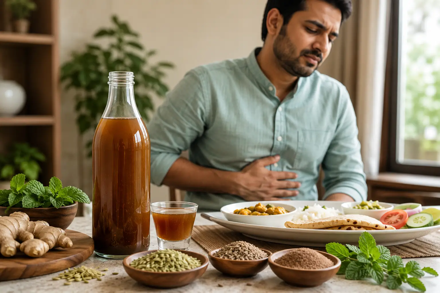 Digecon Digestive Sharbat with herbs and light food representing Unani digestive support for acidity, bloating, and indigestion.