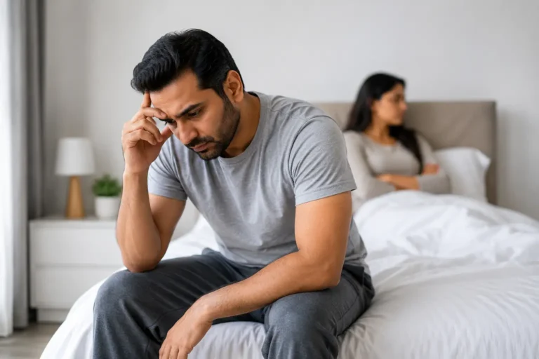 Man discussing erectile dysfunction causes and natural support with a Unani doctor in a confidential consultation setting.