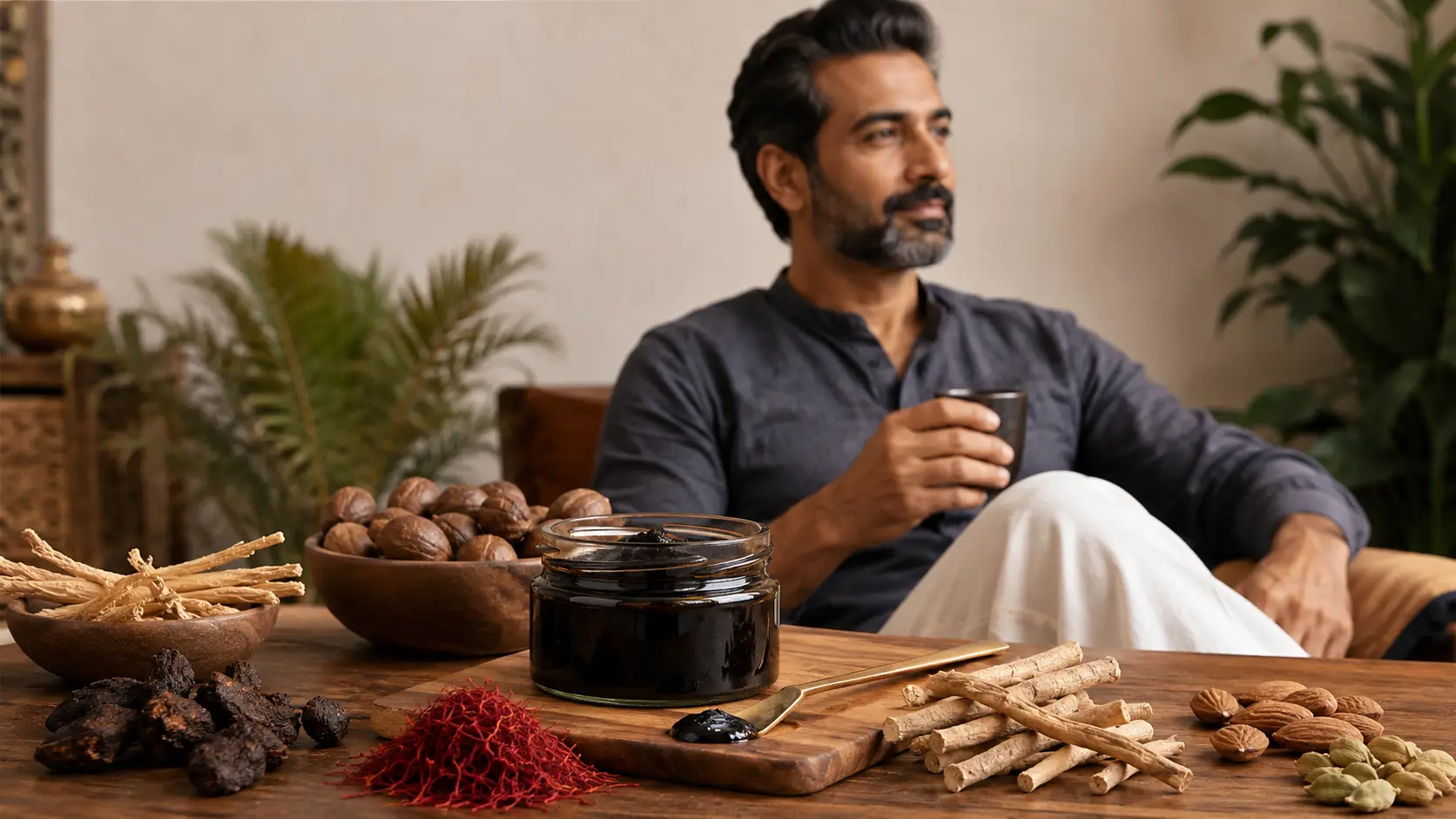 Golden Drive Shilajeet with traditional Unani herbs representing men’s wellness support for stamina, vitality, strength, and energy.