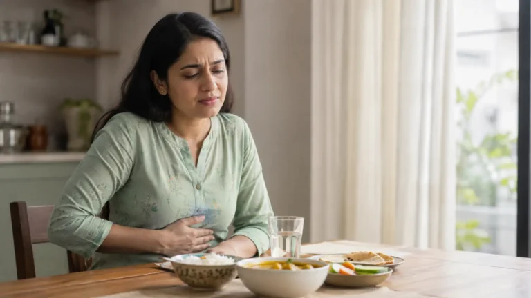 Person experiencing indigestion after meals with light food, water, and Unani digestive herbs in a calm setting.
