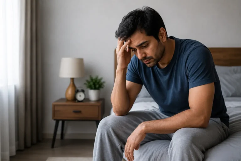 Man discussing low libido, fatigue, stress, and natural support options with a Unani doctor in a confidential consultation setting.