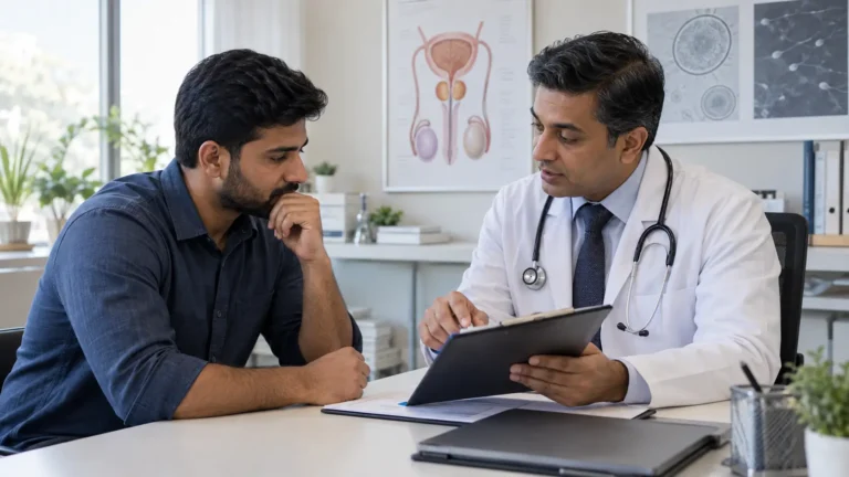 Man discussing male fertility concerns with a doctor during a private consultation for azoospermia diagnosis and support.