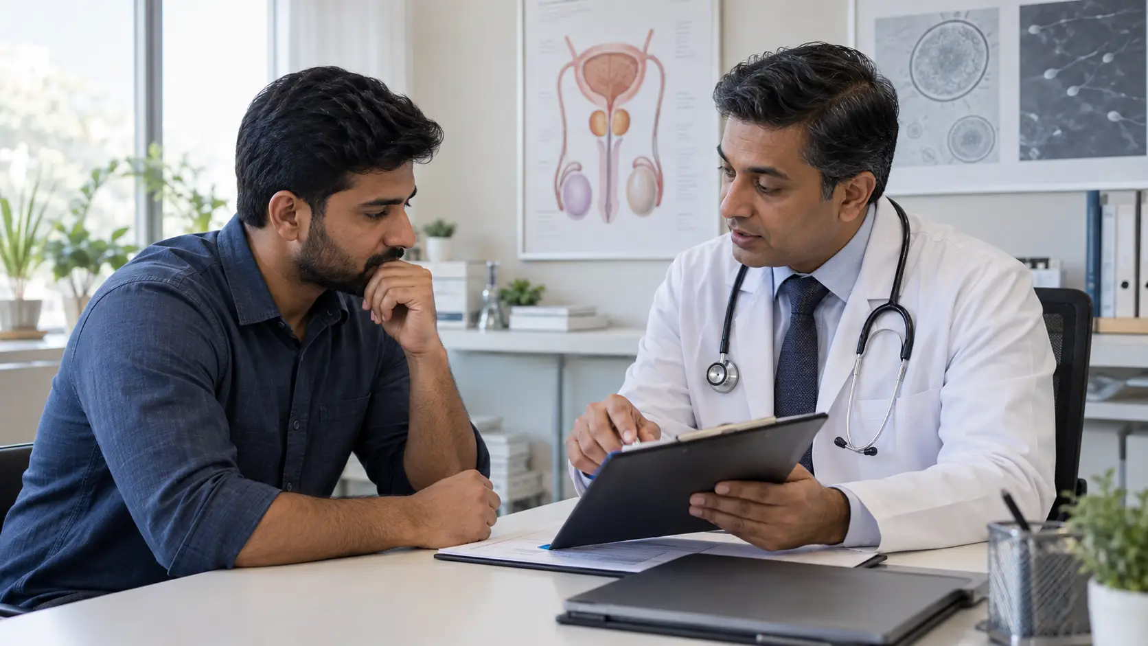 Man discussing male fertility concerns with a doctor during a private consultation for azoospermia diagnosis and support.