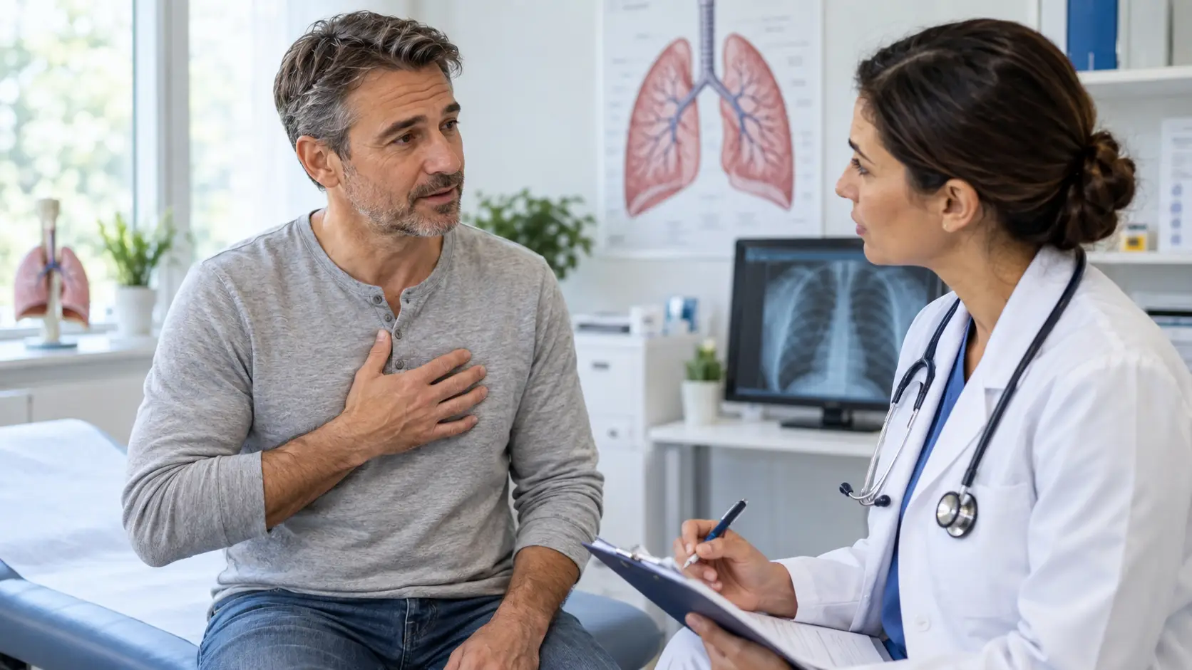 Person discussing bronchitis and lung congestion symptoms with a doctor during a respiratory health consultation with natural Unani support elements.