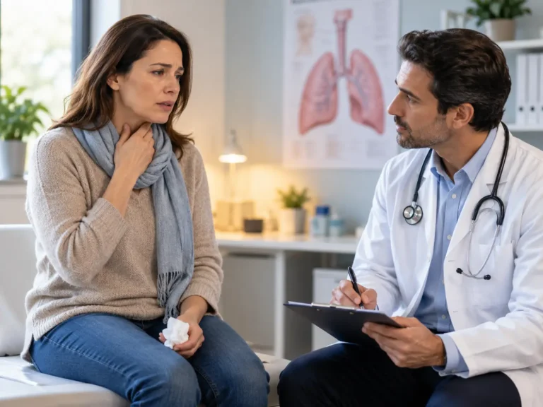 Person discussing chronic cough symptoms with a doctor during a respiratory health consultation with natural Unani support elements.