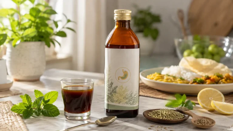 Digecon Sharbat with Unani herbs and light food representing digestive support for acidity, gas, bloating, indigestion, and stomach heaviness.