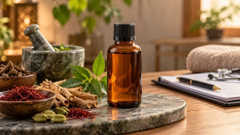 Golden Drive Tila bottle with Unani herbs and men’s wellness consultation elements in a clean natural setting.