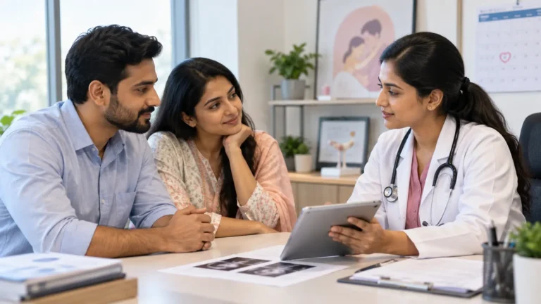 Couple discussing infertility causes and fertility support with a doctor during a private consultation.